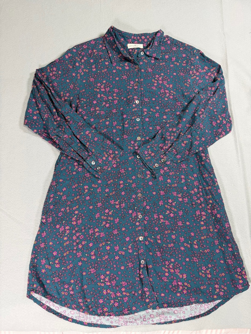 NATURAL LIFE Teal Button-Front Floral Dress with Pink Blossoms